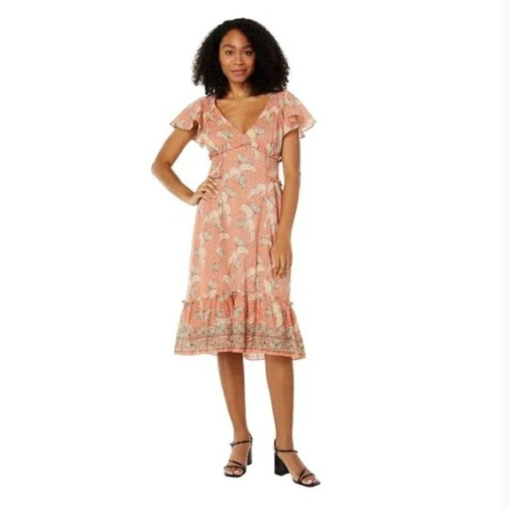 Max Studio Women's Printed Cotton Flounce Sleeve & Hem V Neck Dress Small